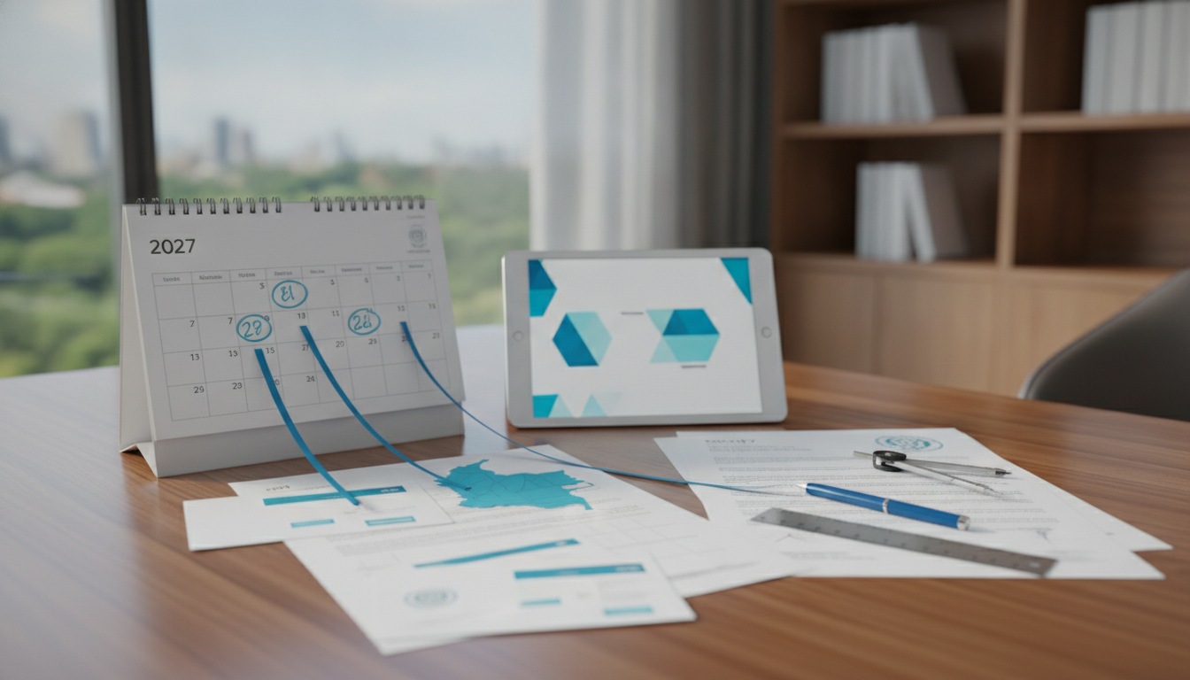 Mesa con calendario 2027, mapas y documentos para coordinar tareas departamentales