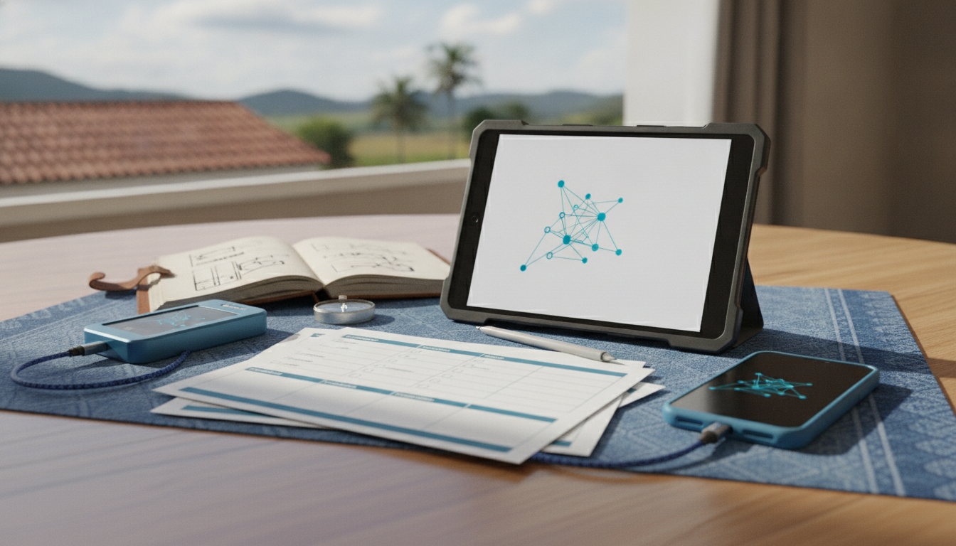 Tablet e celular sobre uma mesa com formulários e uma agenda, em um ambiente de trabalho.
