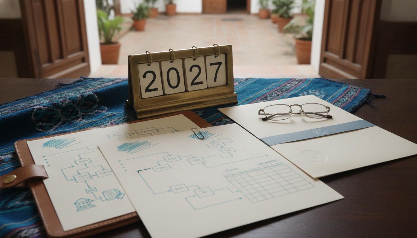 Mesa de planificación con calendario 2027 y documentos en un entorno municipal