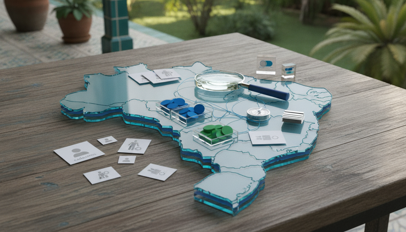 Representação cenográfica do Brasil sobre uma mesa, com fichas de cadastro e peças que representam equipes.